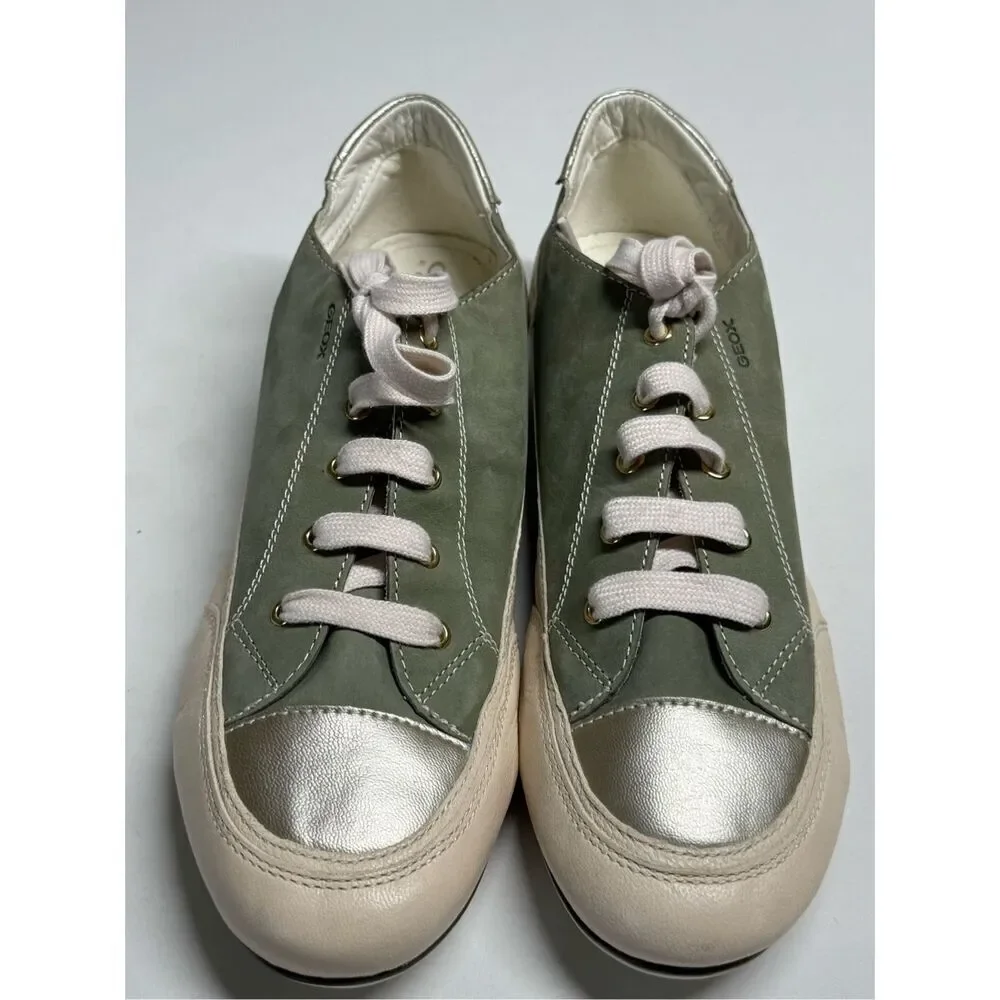 Rare Geox Leather Women’s Sneakers White Green Silver Size 10,5